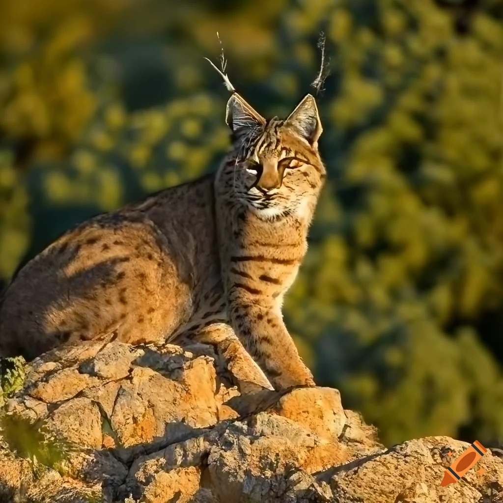 Lynx in a Mediterranean rocky outcrop with sunbeams filtering through the canopy