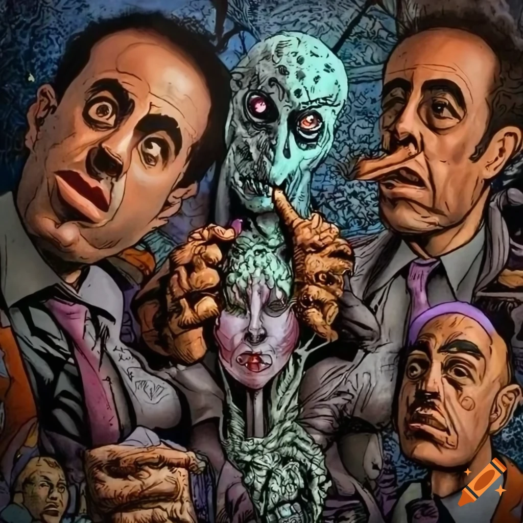 Comic art depicting bizarre surreal scene with Jerry Seinfeld and subhuman creatures