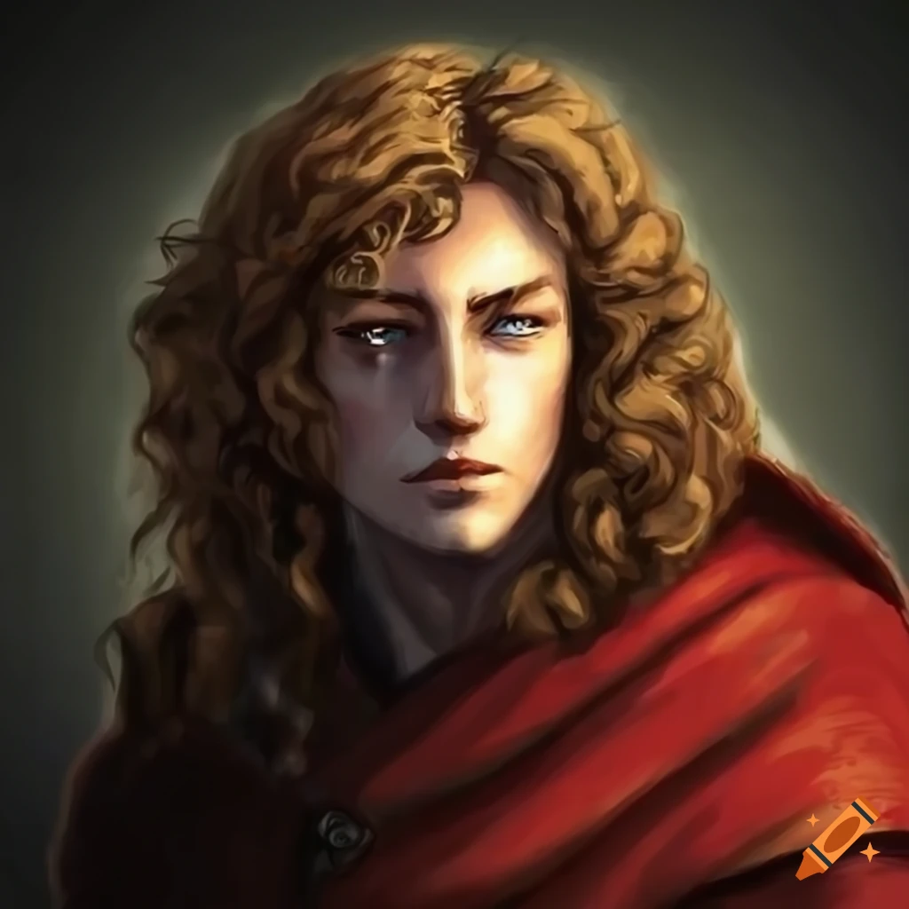 Young Dunland nobleman with long hair, blue eyes, and a facial scar wearing a red cloak with a wolf pelt
