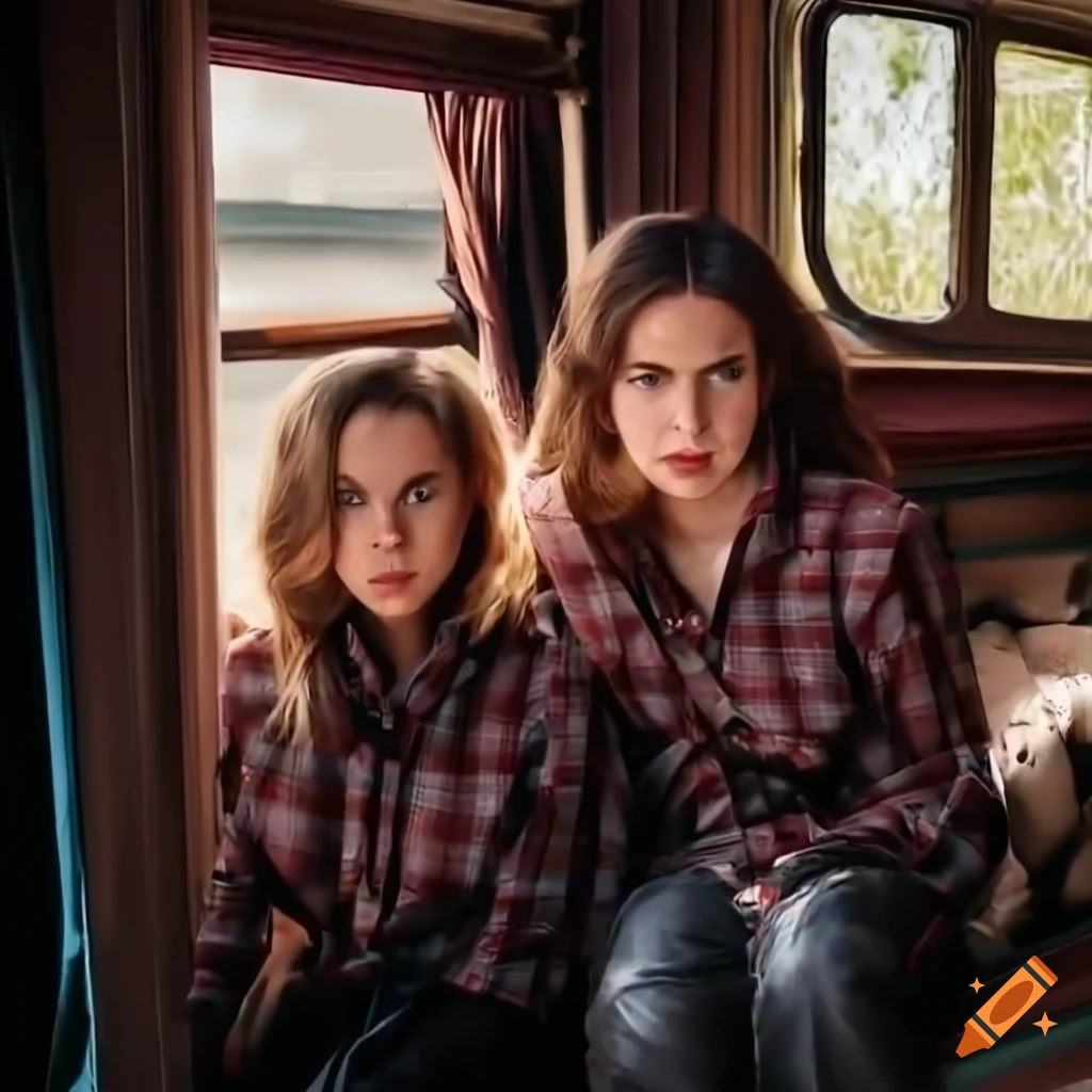 Musicians Irimia twins sitting in a caravan trailer and looking out the window