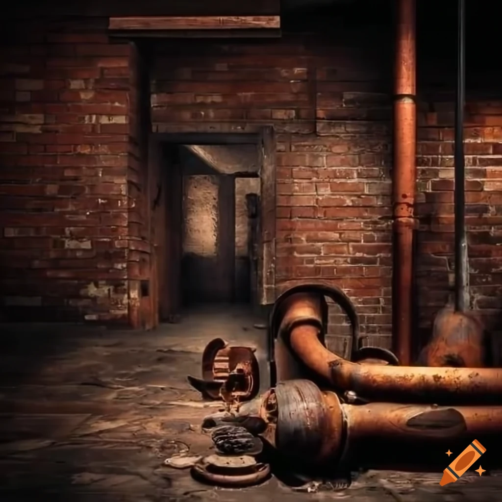 Antique industrial interior with rusty pipes, brick walls, and barrels