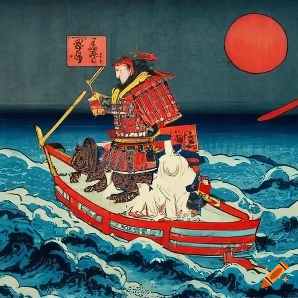 Ukiyo-e woodblock print of red samurai and white feline on stormy ship voyage