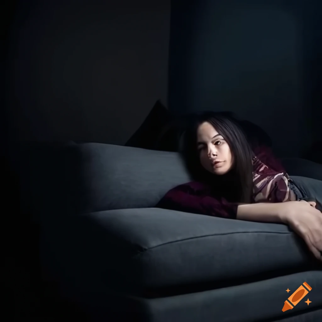 Woman laying on a sofa in a dark room