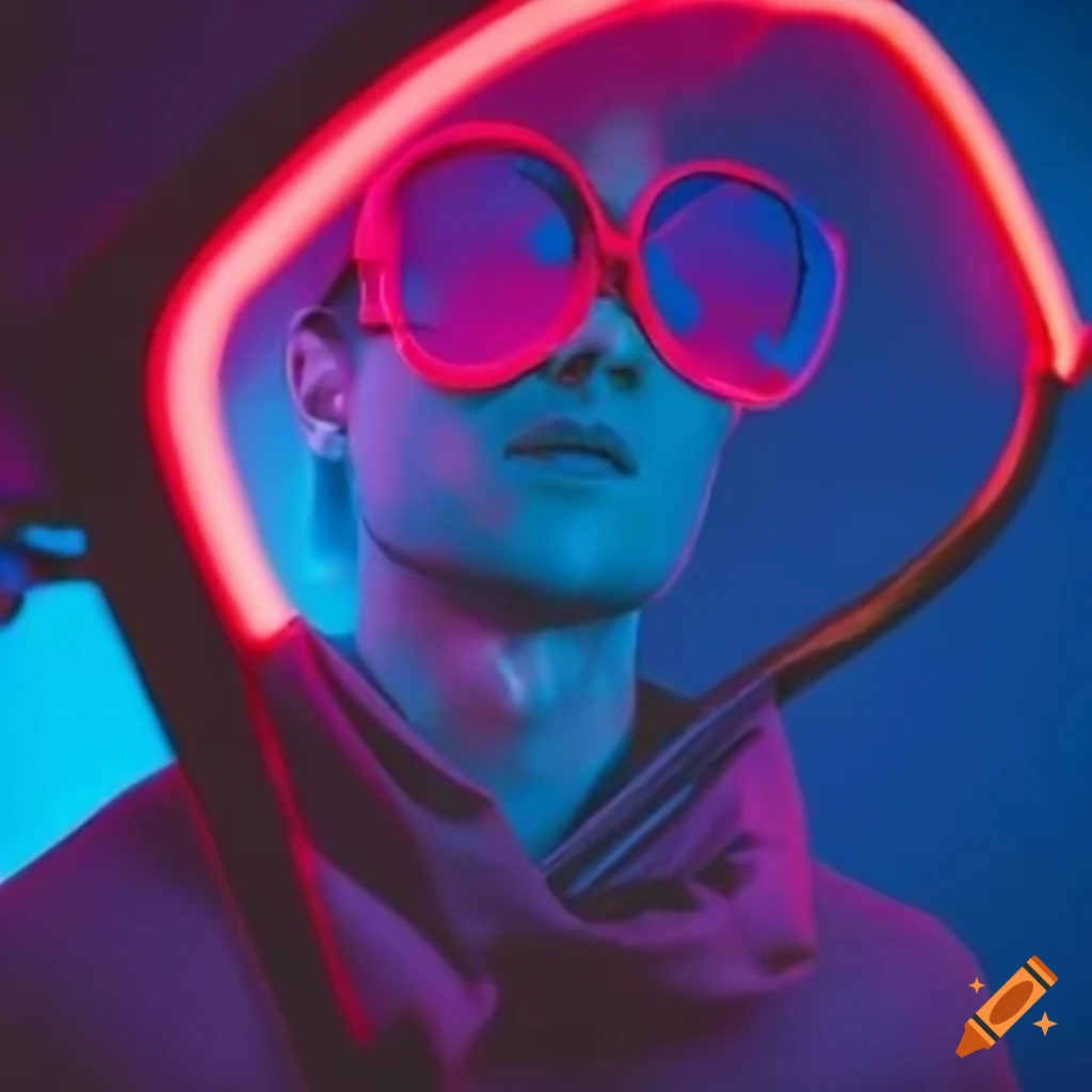 Conceptual neon lights reflecting on man with sunglasses