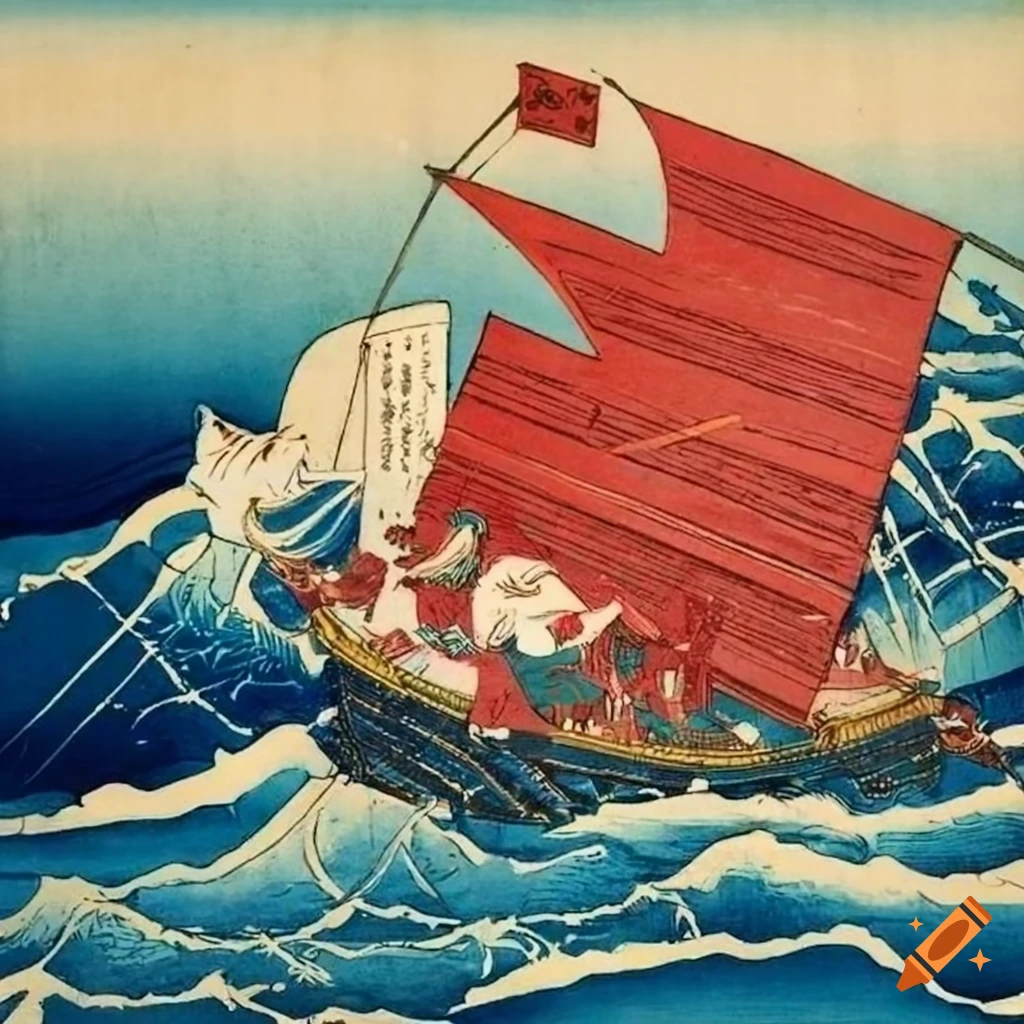 Red samurai and white cat sailing on a ship in stormy seas in ukiyo-e style