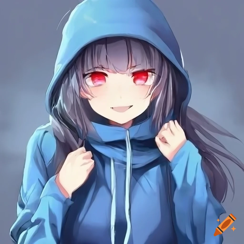 Anime girl in blue hoodie with red eyes and headphones