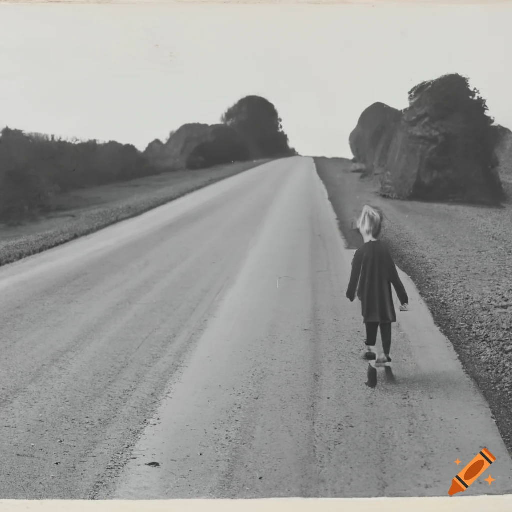 Image showing two parallel roads, one concrete and one dirt, with a girl on the concrete road