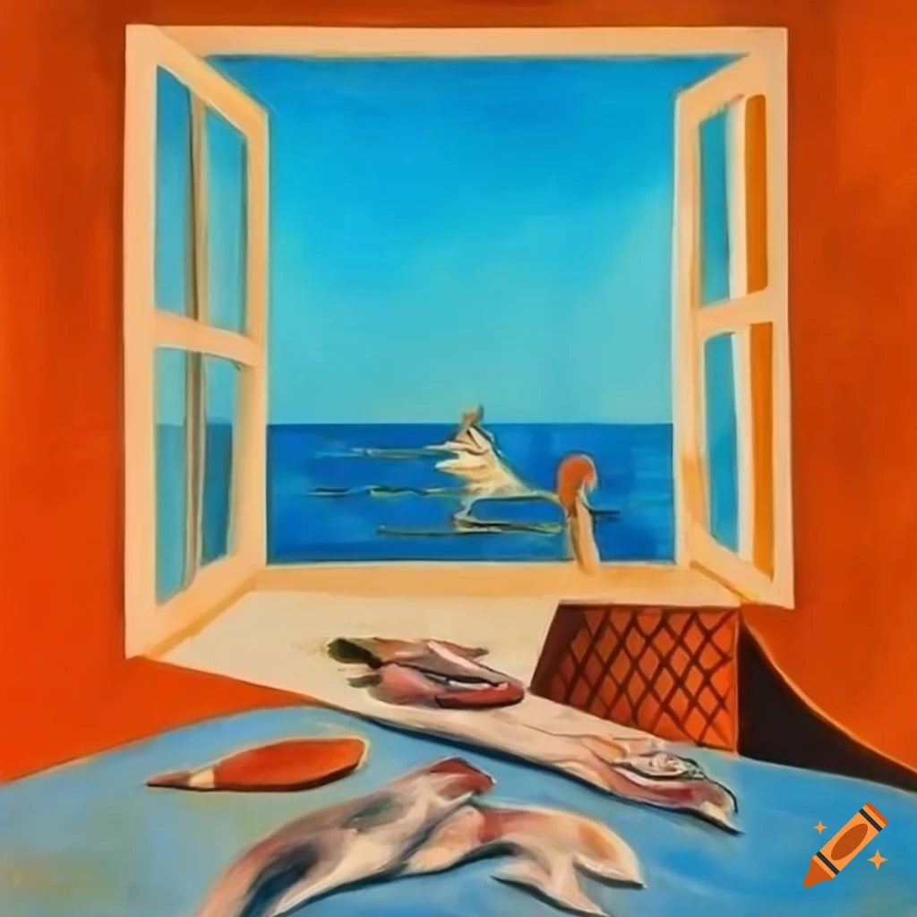 Surreal spatial place with a beach view and a table with fish in vibrant colors