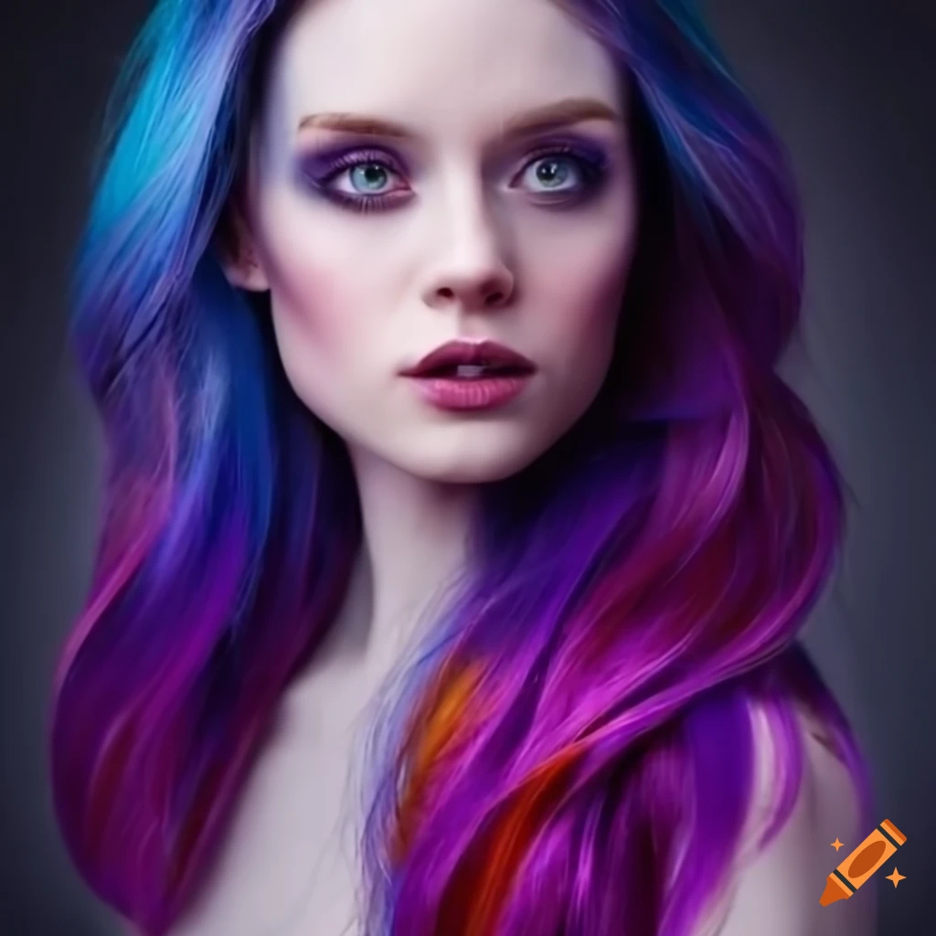 Woman with long red hair and colorful highlights on Craiyon