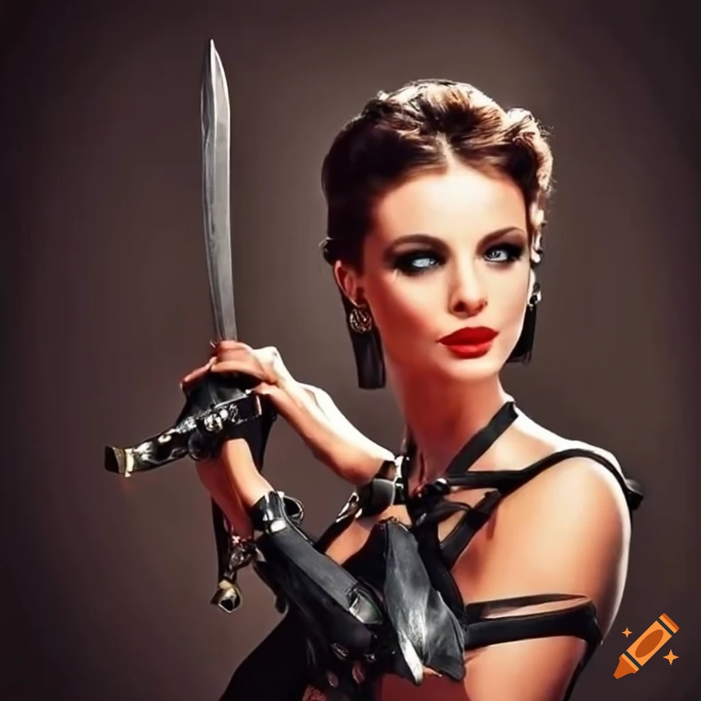 Italian actress in black leather harness on sword and sandals movie set