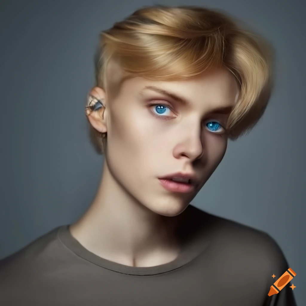 Portrait of an ethereal young man with caramel blonde hair and light blue eyes