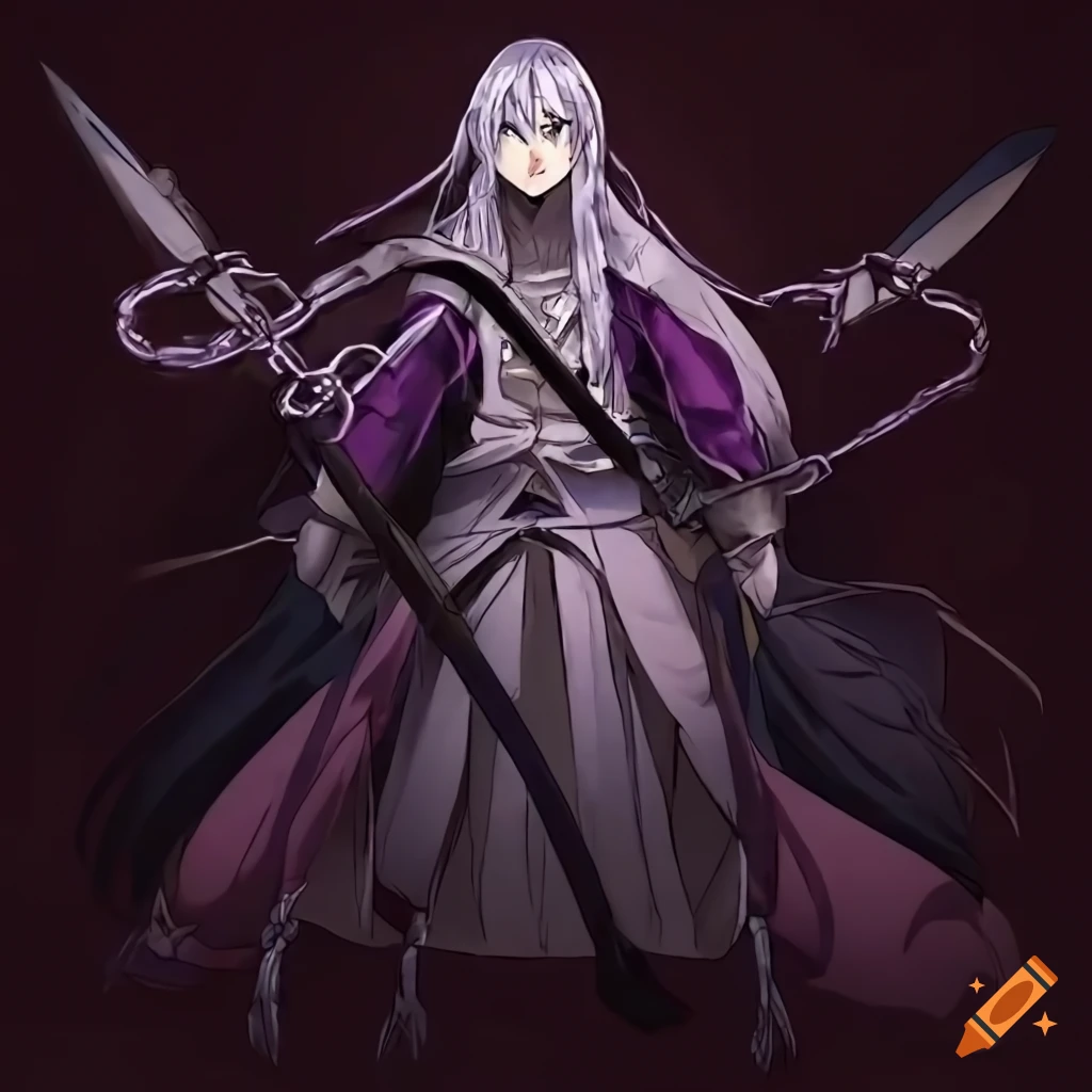 Anime-style man with silver hair and amethyst eyes standing on a battlefield with curved swords