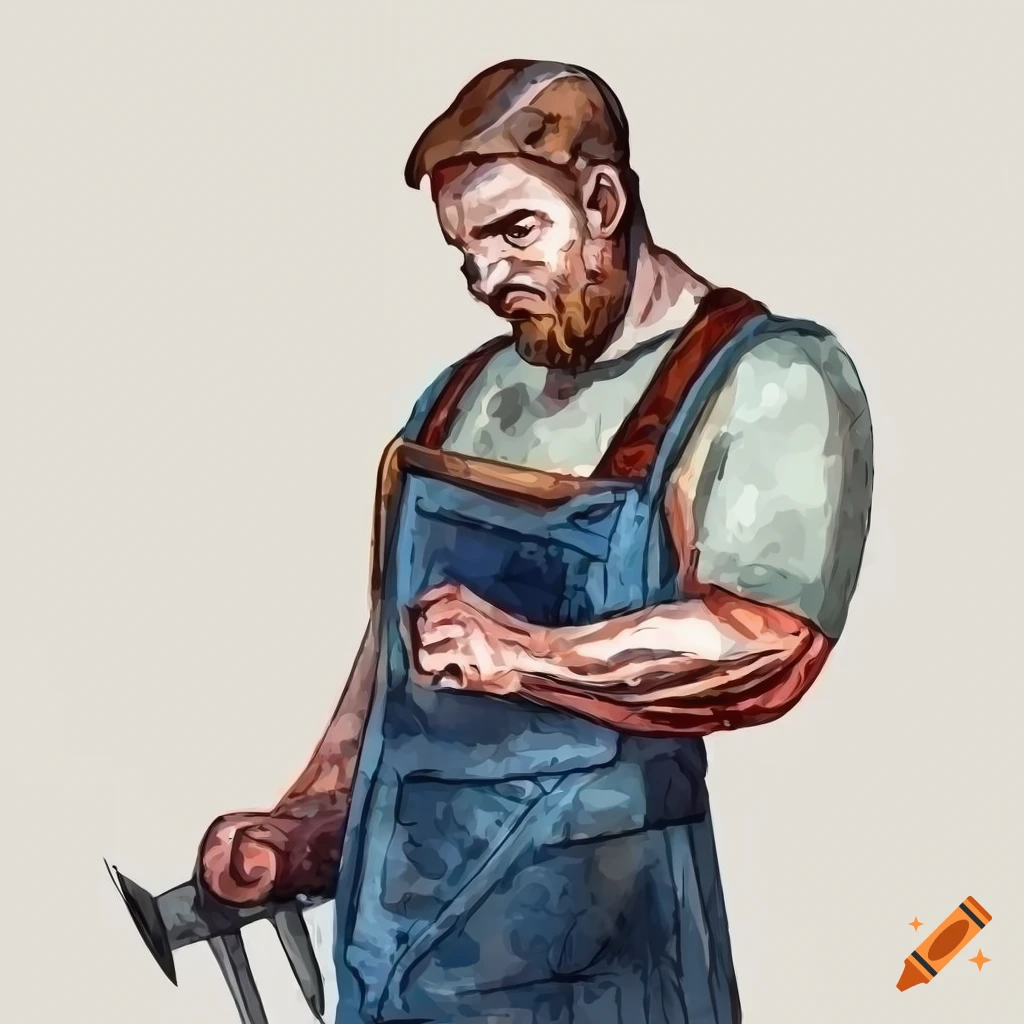 Blacksmith holding a sword in a centered side view watercolor illustration