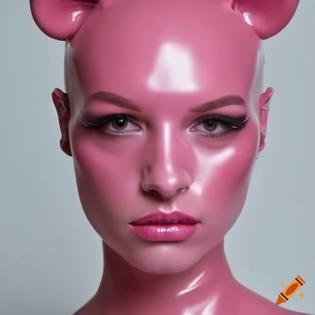 Feminist woman in dusty pink latex pink panther costume with symmetrical face