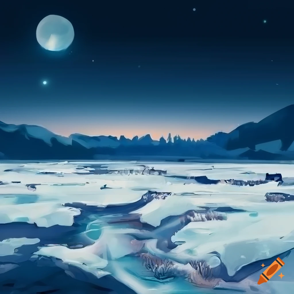 Natural disaster of frozen lake flooding into snowfields at night in fantasy art style