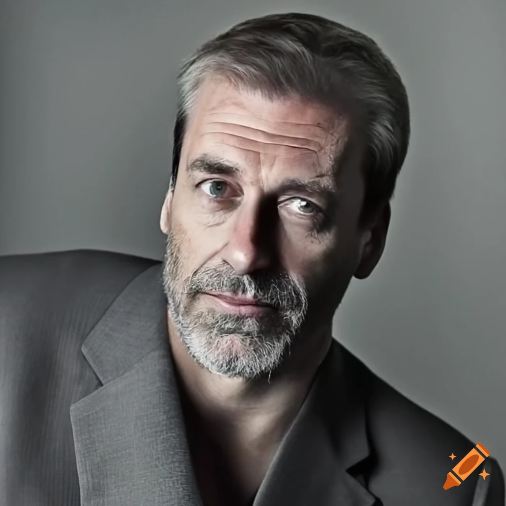Portrait of a handsome Russian oligarch with grey-blonde hair and a strong presence