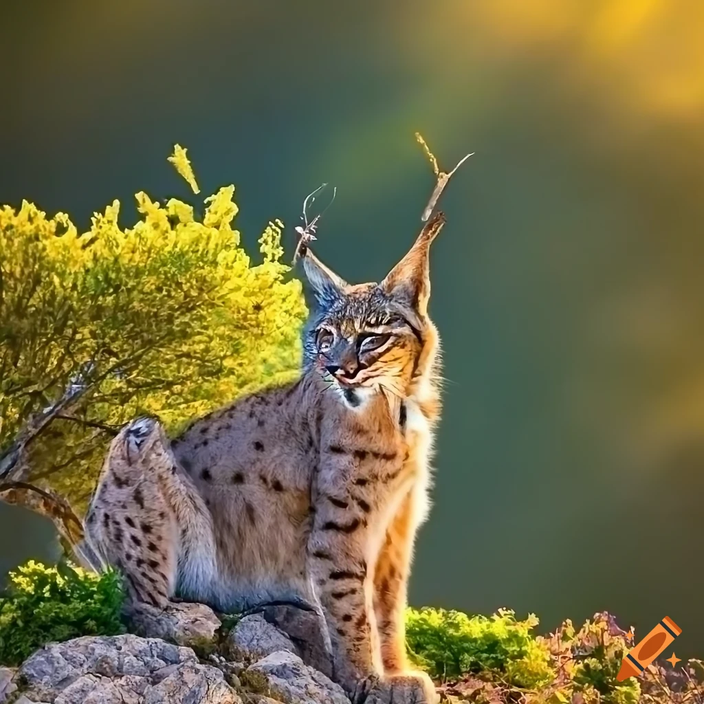 Lynx in a Mediterranean rocky outcrop with sunbeams filtering through the canopy