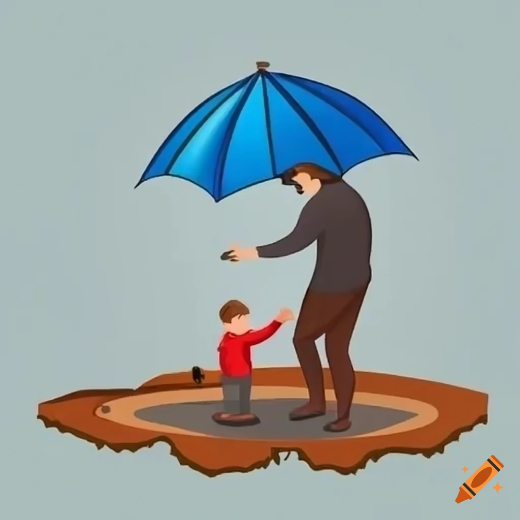 Man holding an umbrella watching kid make a paper boat