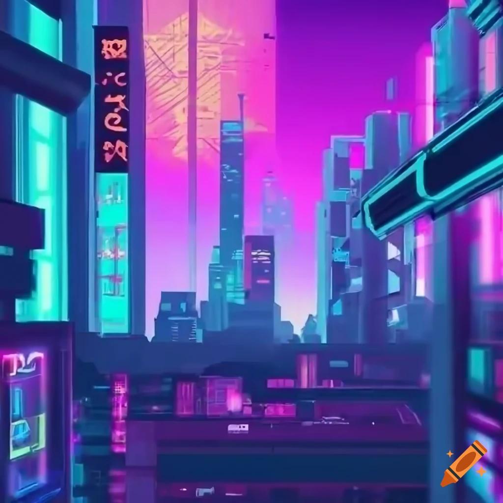 Cyberpunk cityscape in retrowave style from rooftop at night