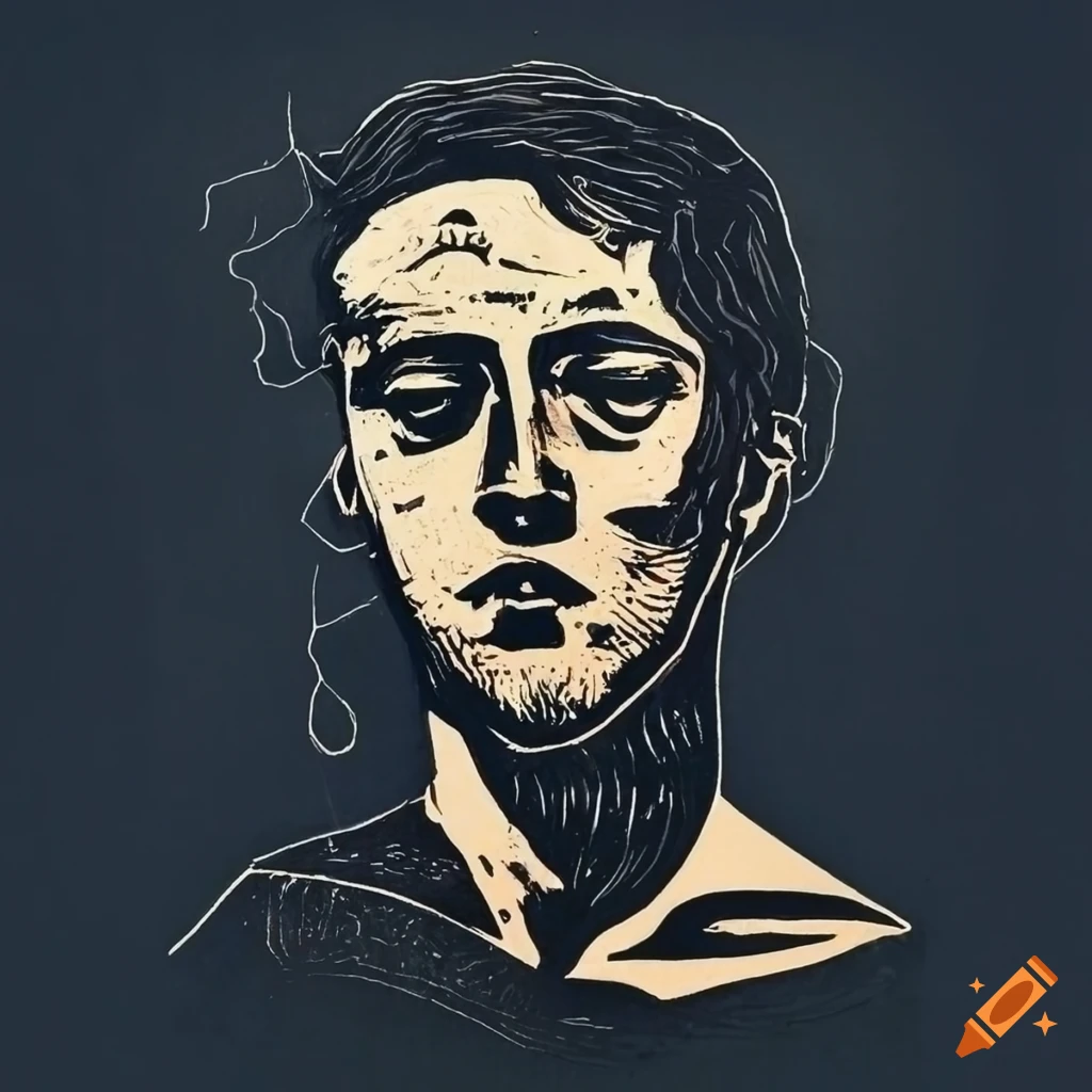 Intricate linocut of a man surrounded by turbulent thoughts in neo-expressionist style
