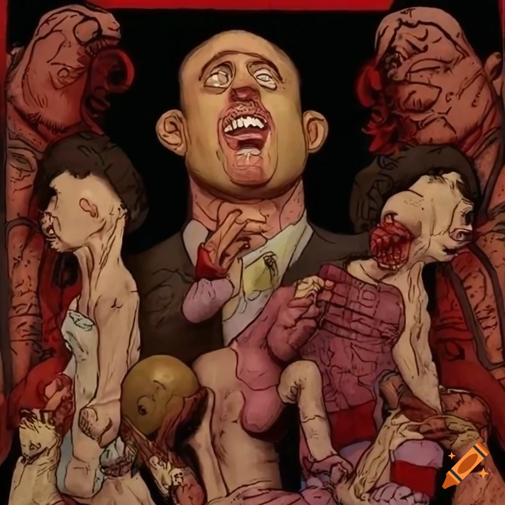 Surreal illustration of a bloated Jerry Seinfeld surrounded by subhuman creatures in a comic book style