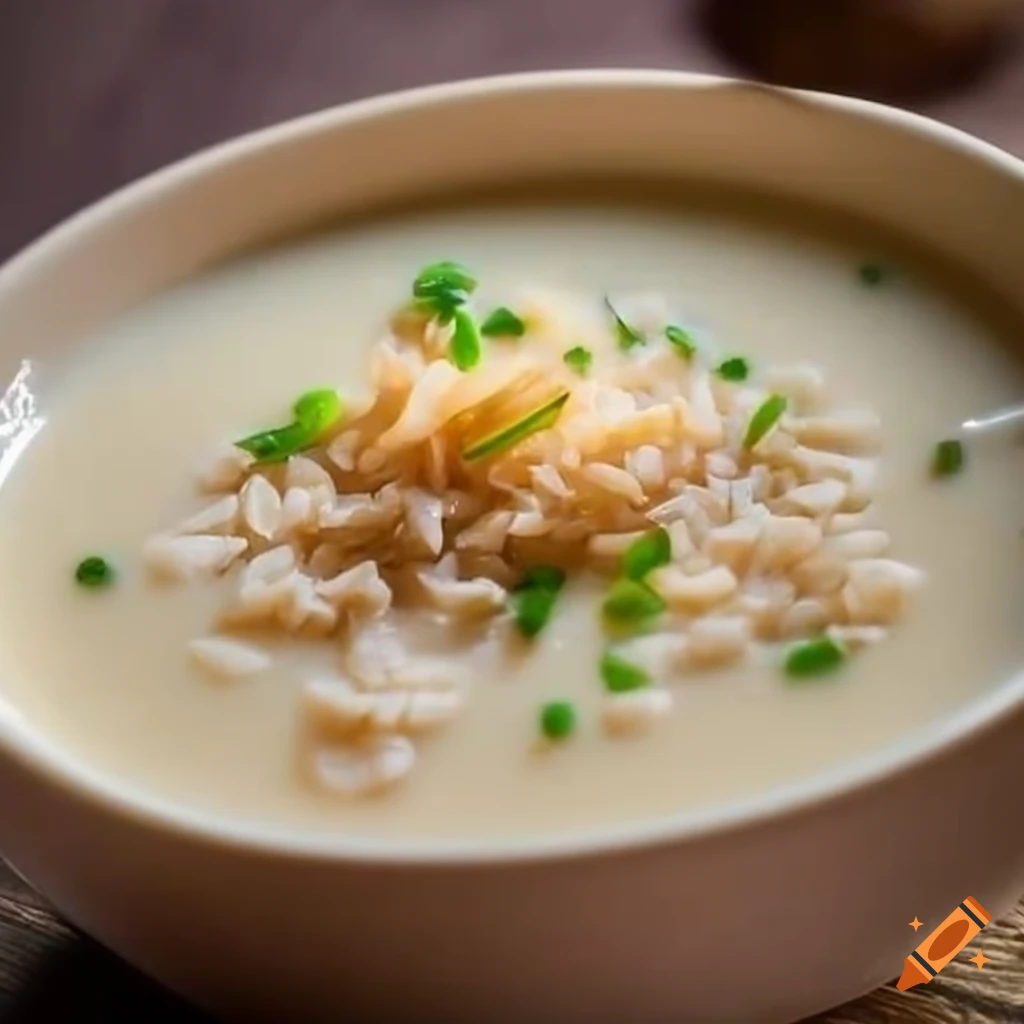 Rice and mushroom in white cream soup on a sunlit table