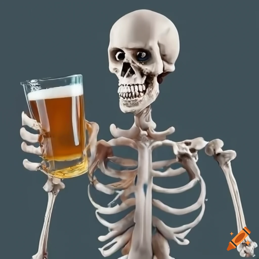 Skeleton with mugs of beer in each hand