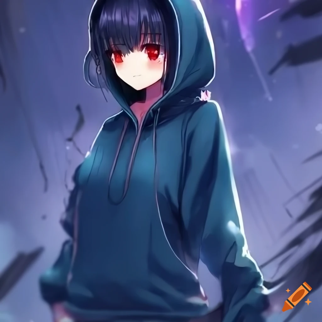 Anime girl in blue hoodie with red eyes and headphones
