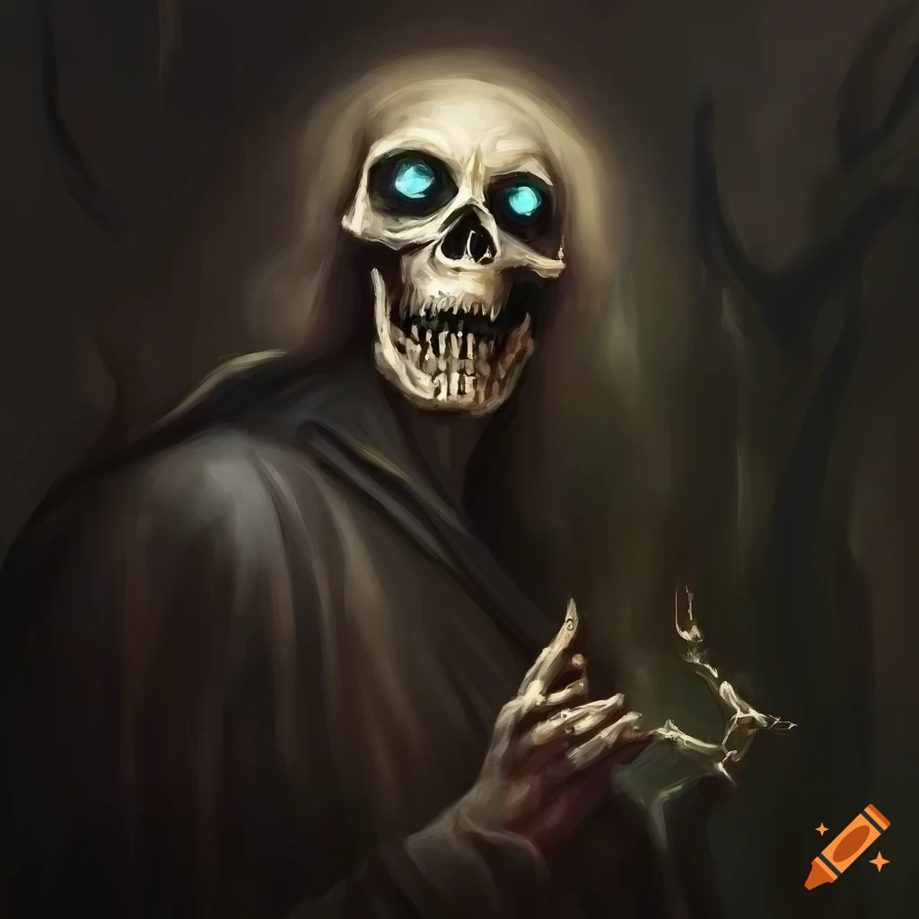 Awakened skeleton wizard in a dark fantasy oil painting