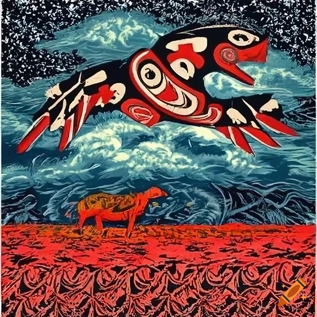 Woodcut print of Salish totem animals on a magic flying carpet through radiant clouds above a glowing field