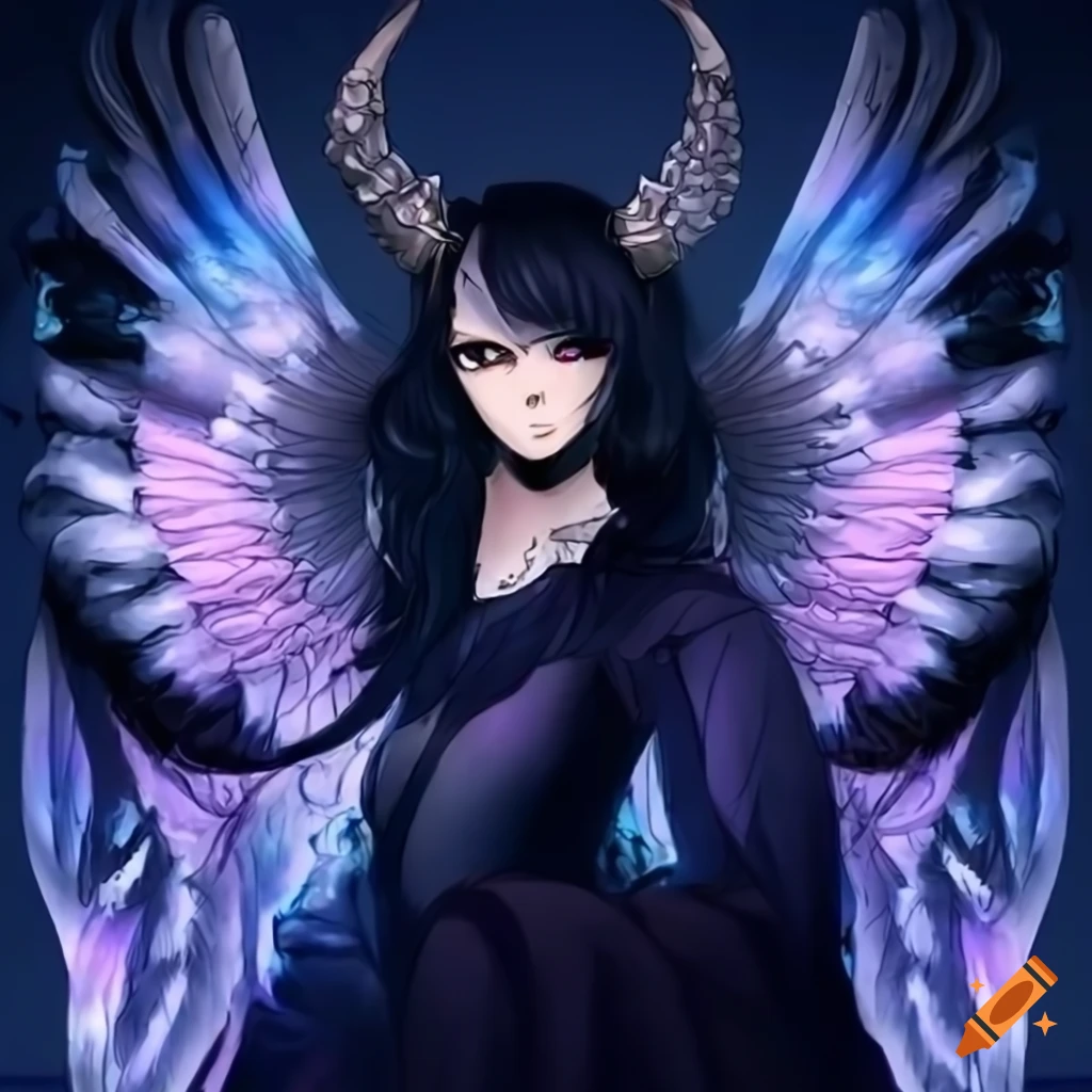 Intimidating Anime raven villainess with black raven wings and a skull headpiece in a blue dress