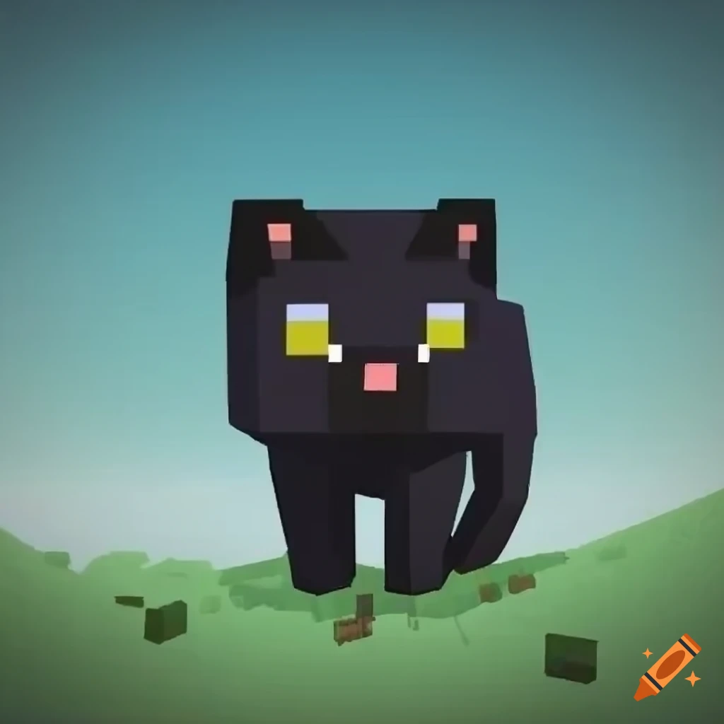 Cute black cat prancing on a hill in Minecraft style