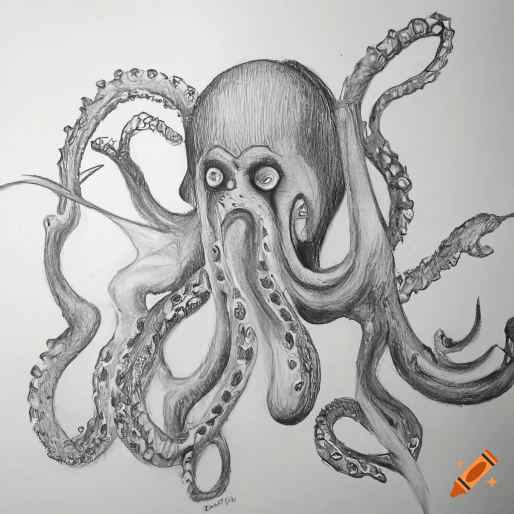 Smiling kraken depicted in pencil art