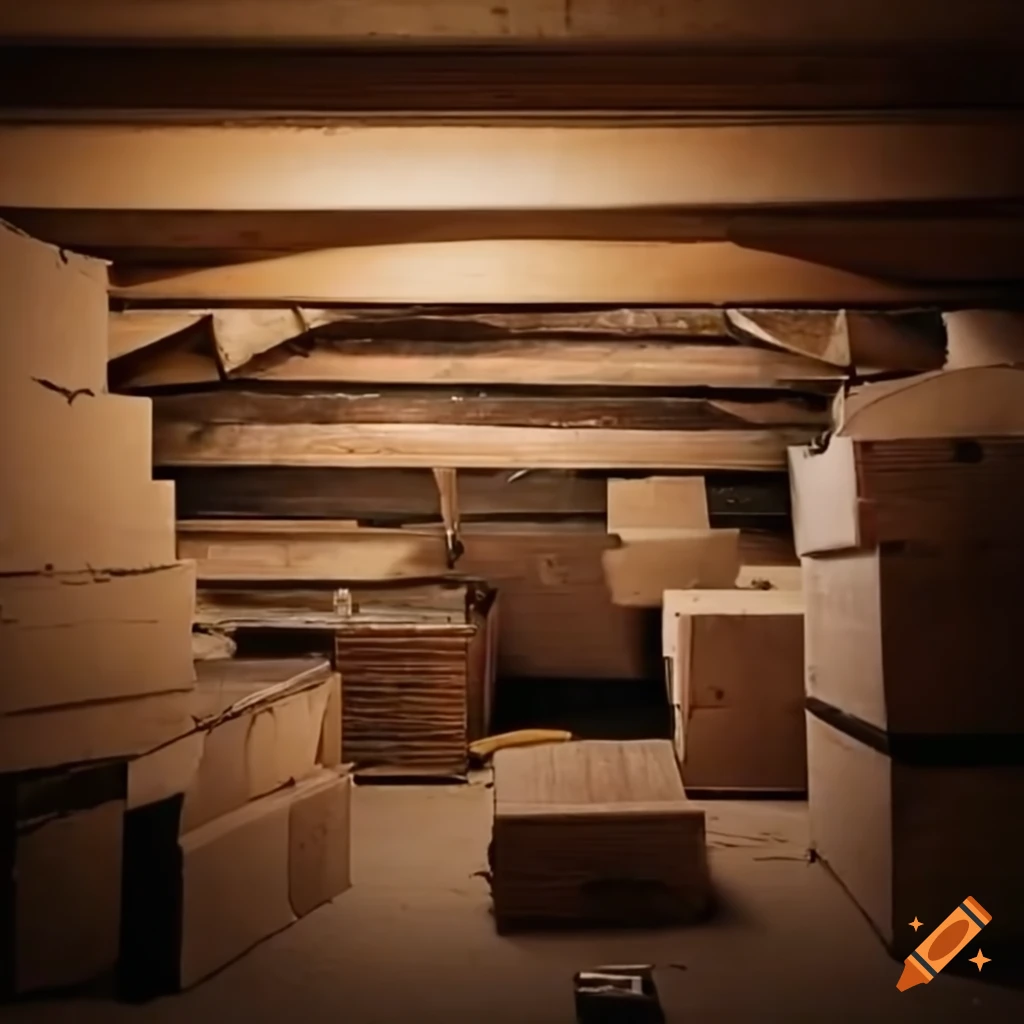 Attic filled with boxes in a house setting