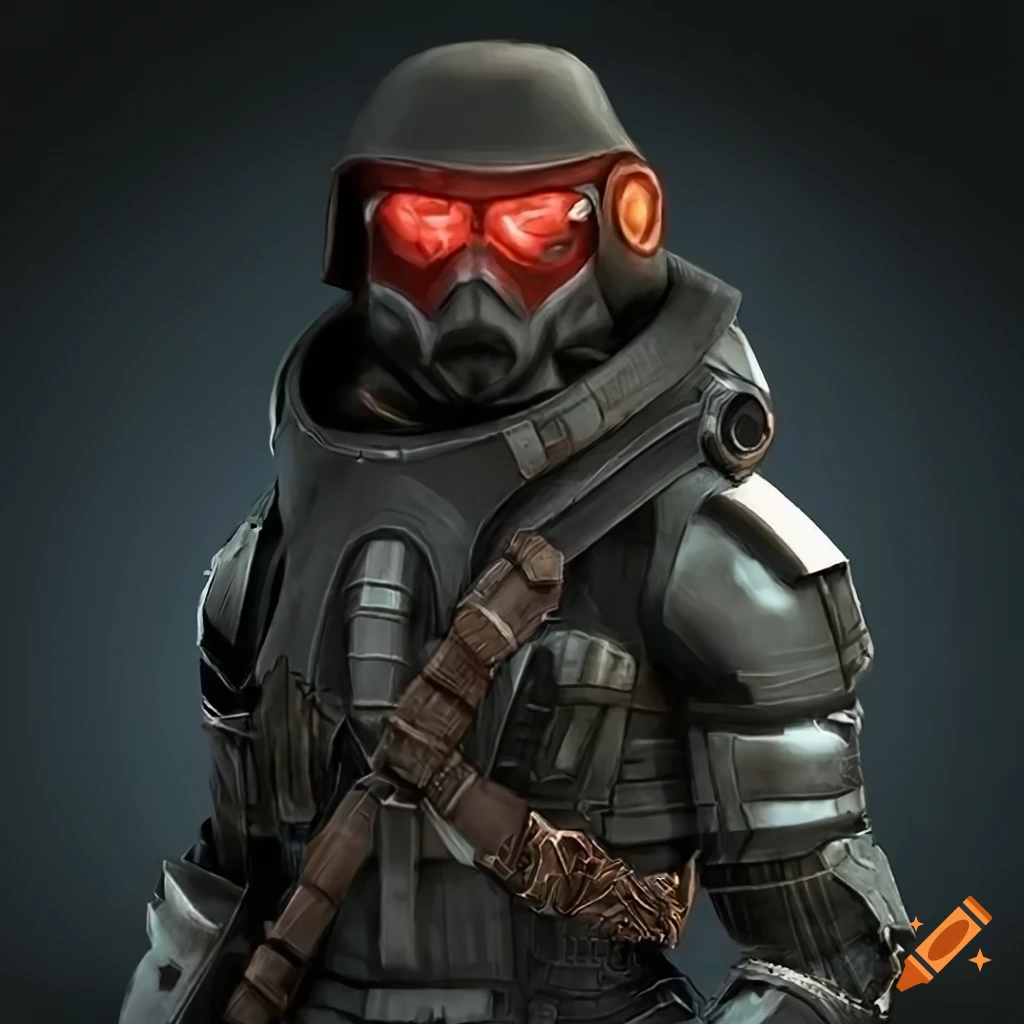 Stoic male Helghast portrait in dark grey body armor and gas mask
