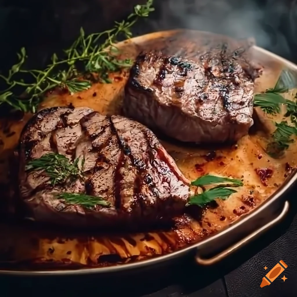Sizzling steak surrounded by herbs on a countertop