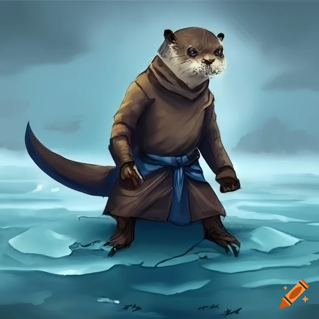 Otter wizard hunting by an icy lake in fantasy art style