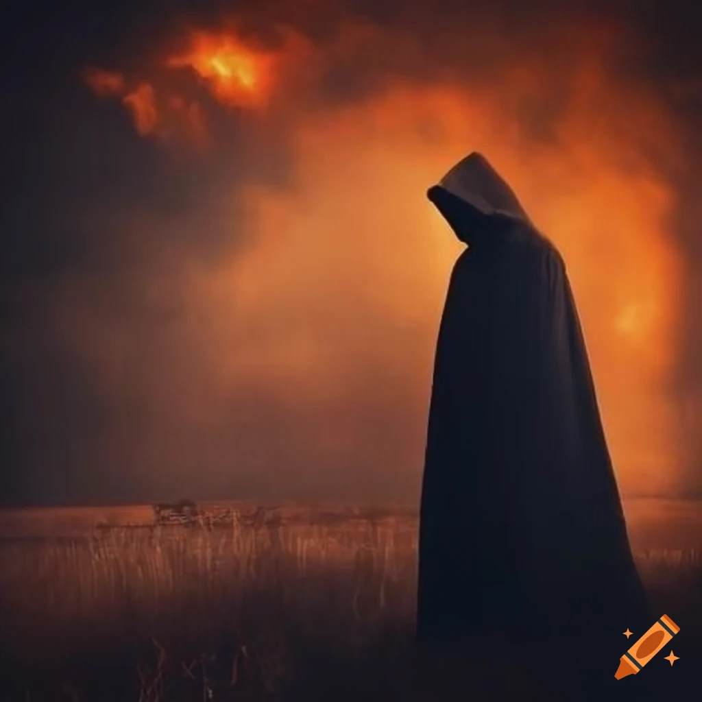 Figure in a hooded cloak with flames engulfing an old barn at night