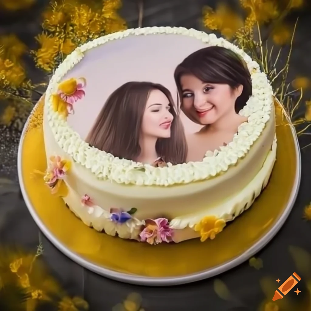 Round cake decorated with August meadow flowers and a woman's picture on top