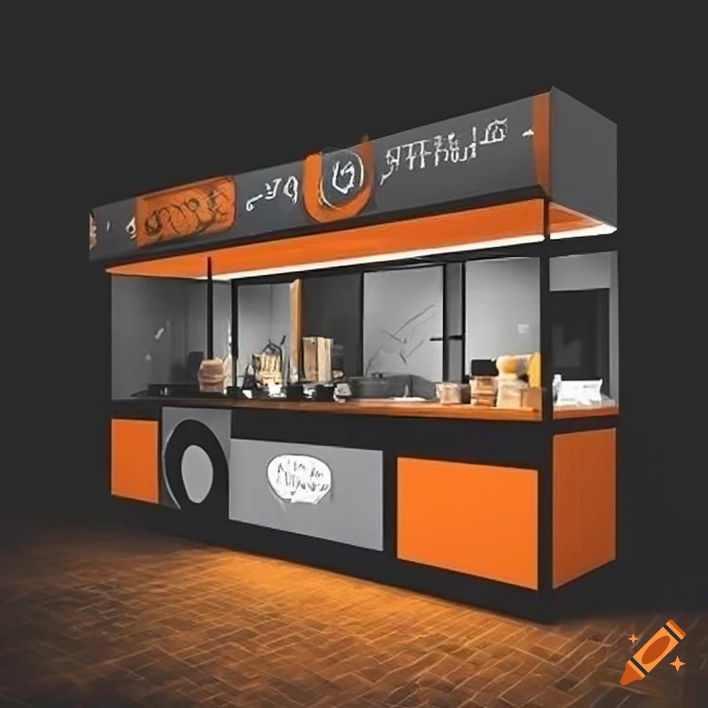 Modern and visually appealing food stall concept with black, gray, and orange branding in urban environment