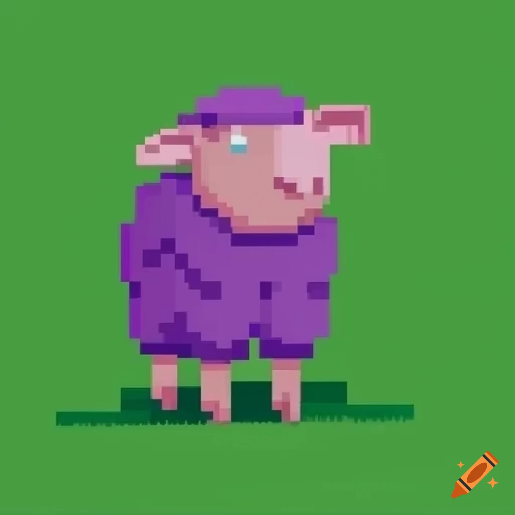 Pixelated purple sheep in green grass cartoon art