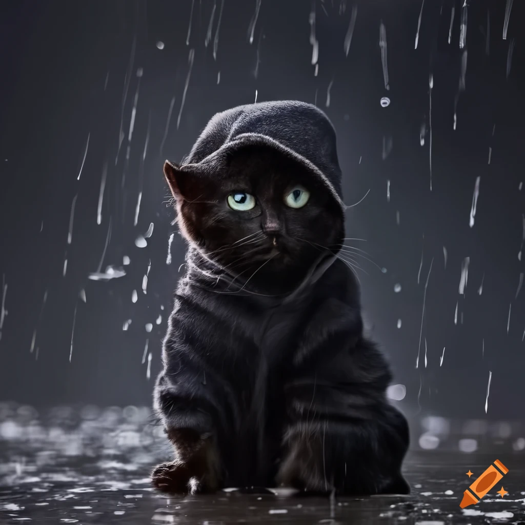 Mysterious black kitten in a hoodie in the rain against a black background