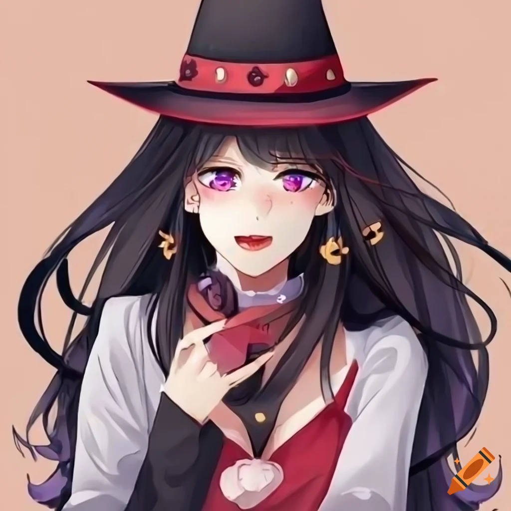 Cute and enchanting animated image of a witch with long black hair, black eyes, and red lips, wearing a witch hat