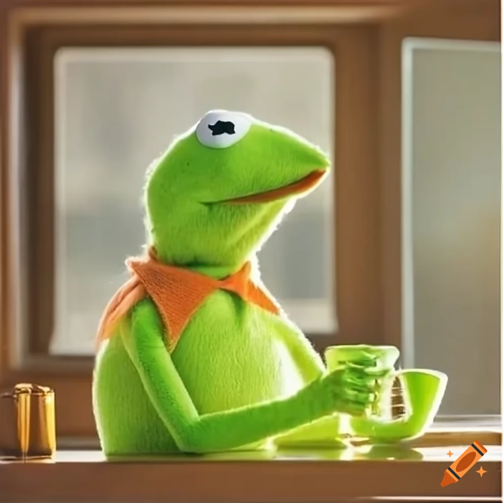 Kermit enjoying a cup of tea by the window in the sunshine