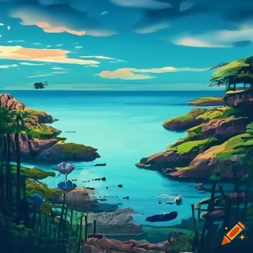Coastal view inspired by Ghibli style animation