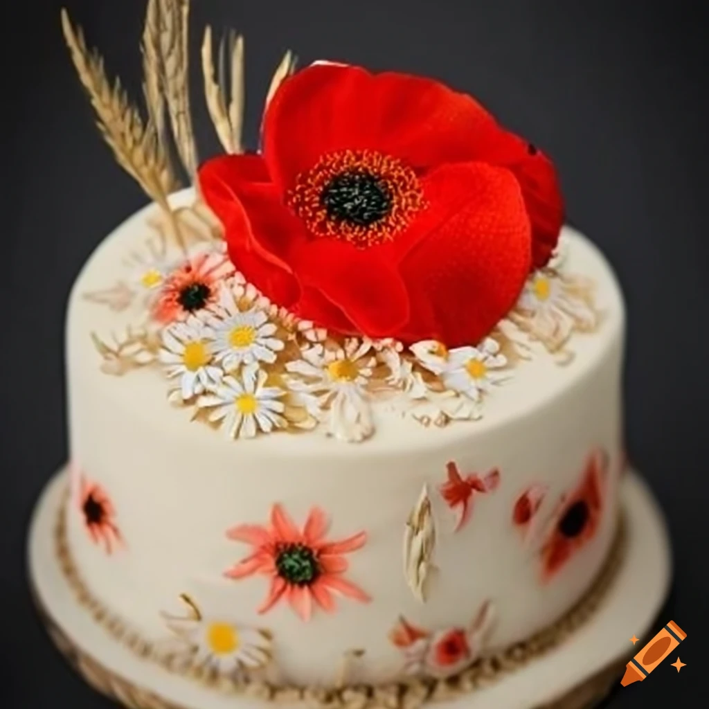 Floral-themed cake with wheat ears, poppies, and daisies embroidery featuring a woman's photo as centerpiece