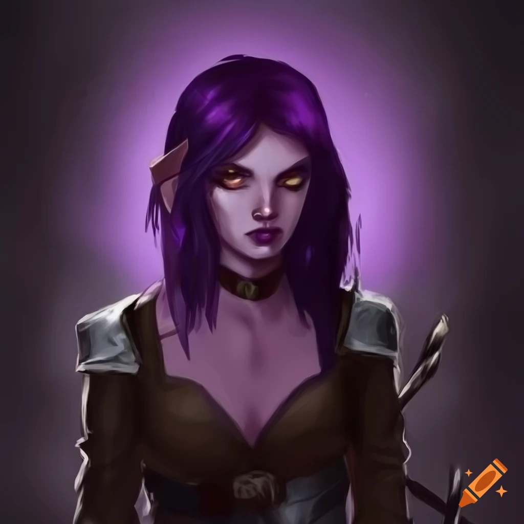 Half-elf female rogue with short dark purple hair