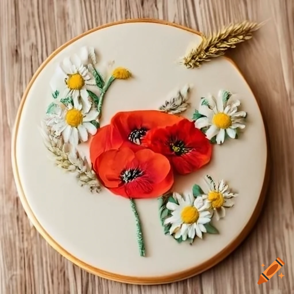 Floral-themed cake with wheat ears, poppies, and daisies embroidery featuring a woman's photo as centerpiece