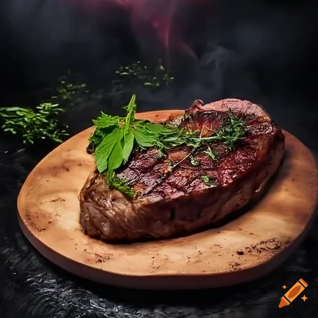 Sizzling steak surrounded by herbs on a countertop