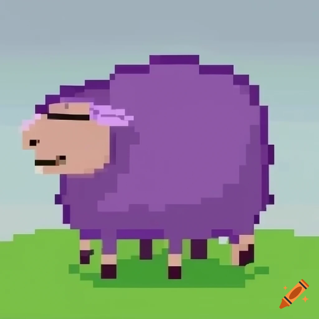 Pixelated purple sheep in green grass cartoon art